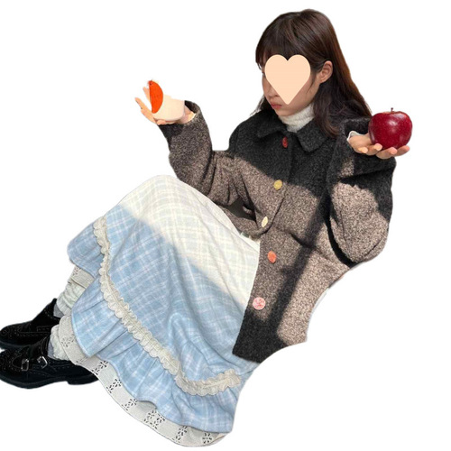 Japanese-style sweet girl lace floral gingham half skirt 2025 autumn winter college style slimming word skirt autumn winter item