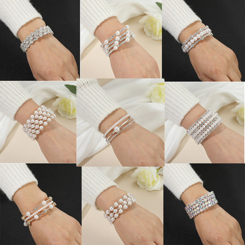 Cross-border European and American bridal full-diamond multi-layer elastic bracelet multi-row pearl cross-opening winding bracelet claw drill bracelet Cross-border European and American bridal full-diamond multi-layer elastic bracelet multi-row pearl cross-opening winding bracelet claw drill bracelet