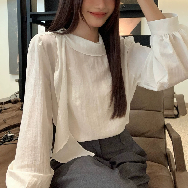 WENR White Ruffled Collar Thin Shirt for Women, Long Sleeve, Suitable for Autumn, Commuting and Casual Wear