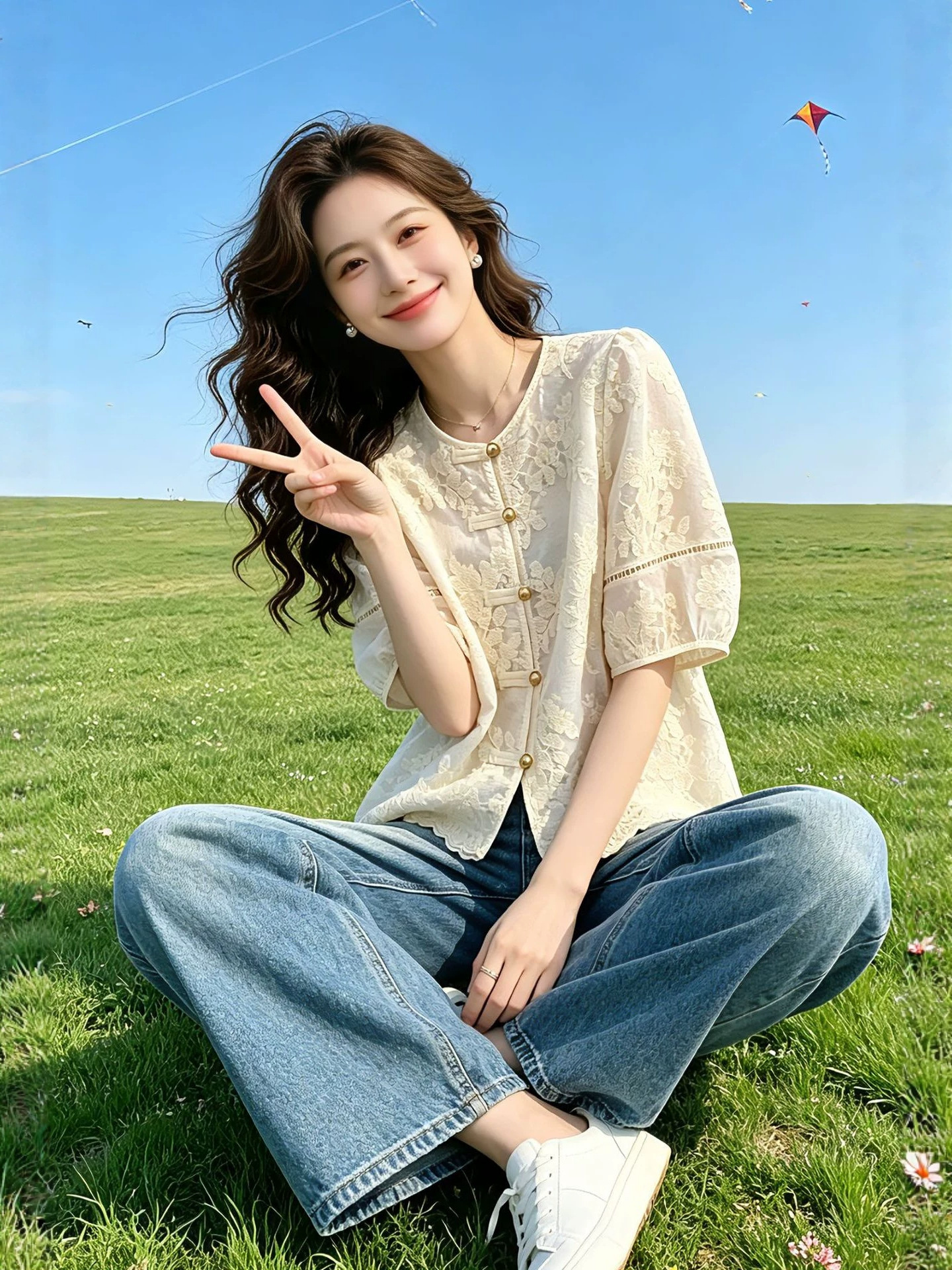 Áo sơ mi nữ tay ngắn phong cách Trung Quốc nút thắt ren, dáng rộng basic — màu sắc
