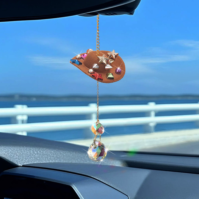 Cross-Border New Cute Punk Cowboy Hat Car Accessories Rearview Mirror Accessories Interior Decoration Men and Women Decorative Rearview