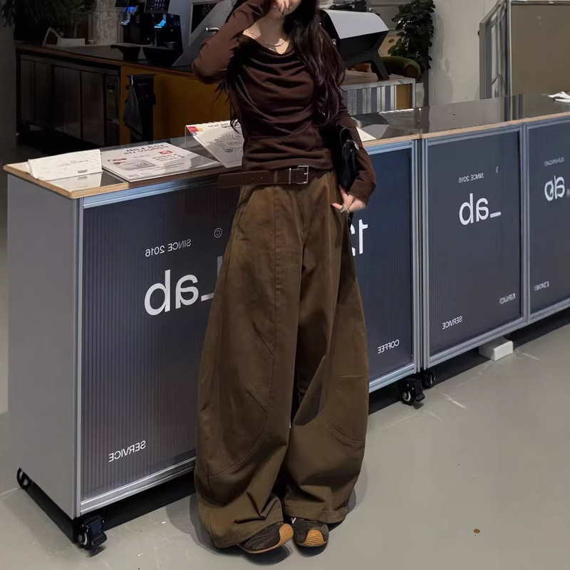 Petite American Retro Coffee-Colored Wide-Leg Jeans for Women, Loose Fit, Slimming, Lazy Style, Oversized Casual Long Pants