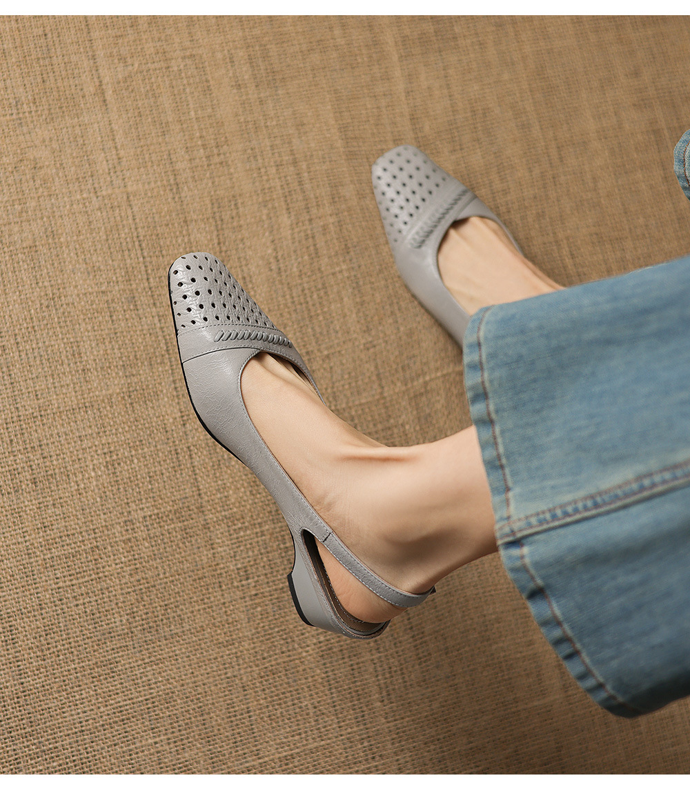 Sandal nữ gót thấp 3.5 cm mũi kín quai ngang khóa một chữ — Sương mù xanh chi tiết 13