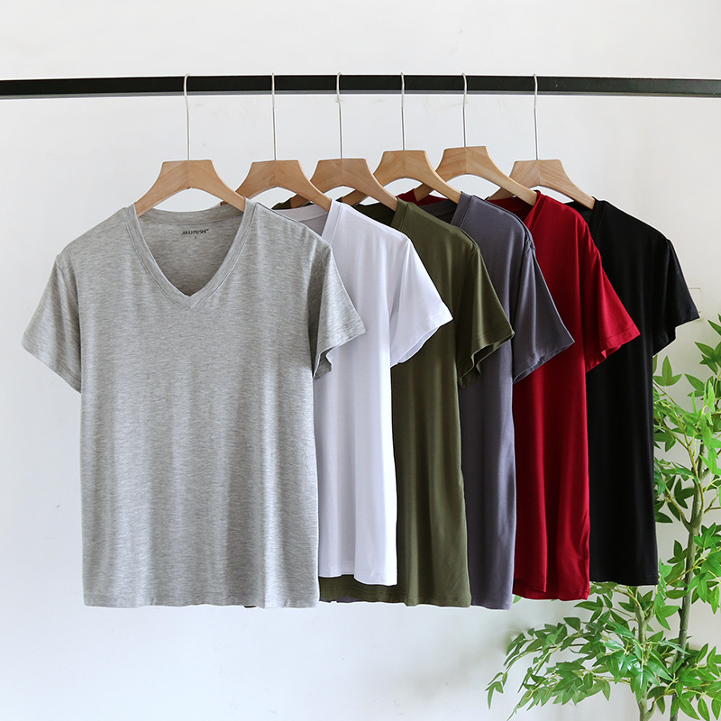 Modal Short-sleeved Men's Large Elastic Summer Thin All-match Sweater Solid Color Casual Simple plus size V-neck Base Shirt