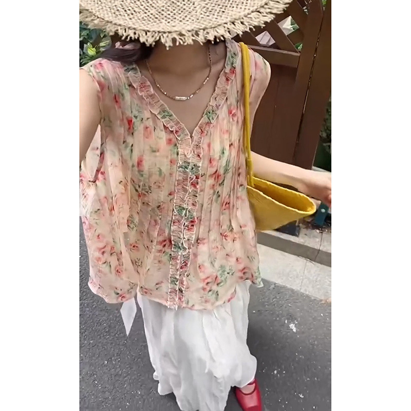 2025 Summer New Fashion Versatile Age-Reducing Pink Printed Ruffled V-Neck Sleeveless Top Vacation Style