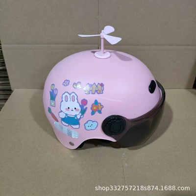 battery car safety helmet – Motosiklet kaskı (dəbilqə) - pink-strap-rabbit-sun-protection-mirror-pink-windmill-3c-certified-1-6-years-old-j02