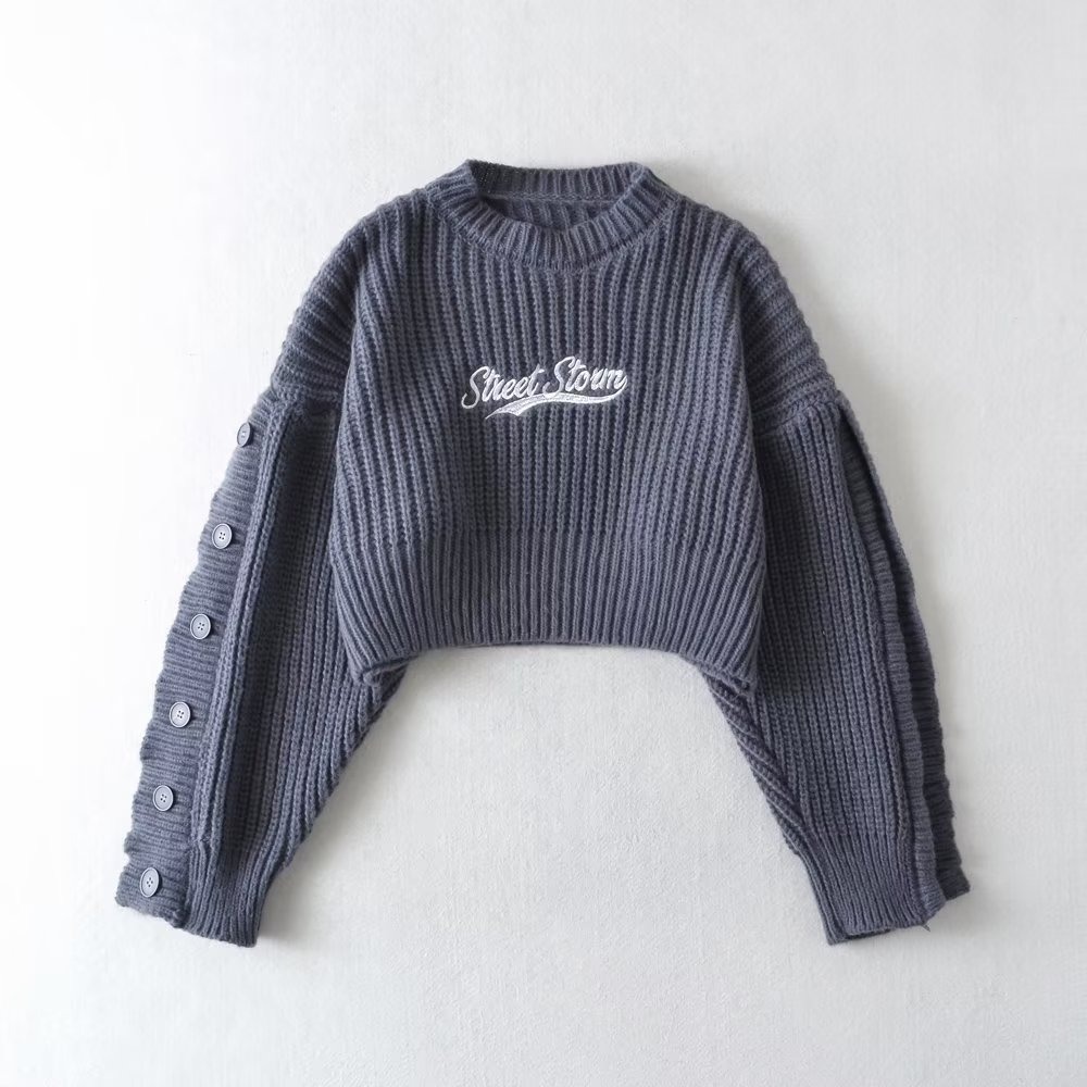 Round neck letter embroidery loose long sleeve knitted crop sweater NSXDX139169