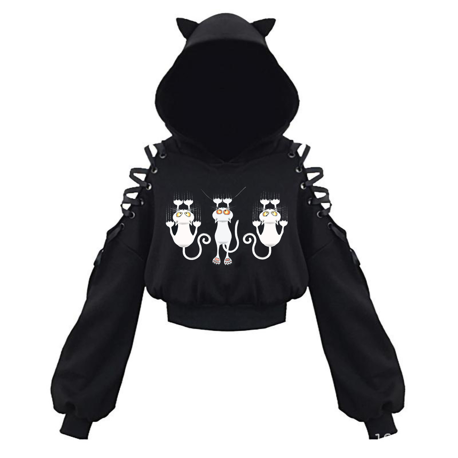 2024 New Long Sleeve Black and White Cat Japanese Anime Cute Cat Ear Dew Navel Sweatshirt Sexy Street Dance Women's Clothing