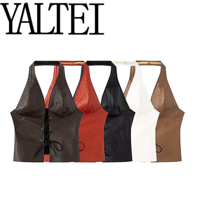 Yaltei Spring New Women's European and American Style French Halterneck Sexy Lace-Up Cut Out Navel-Baring Pu Vest