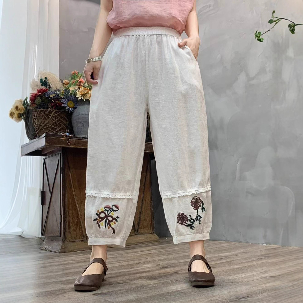 2025夏季新款亚麻休闲裤女文艺时尚纯色刺绣宽松复古哈伦裤九分裤