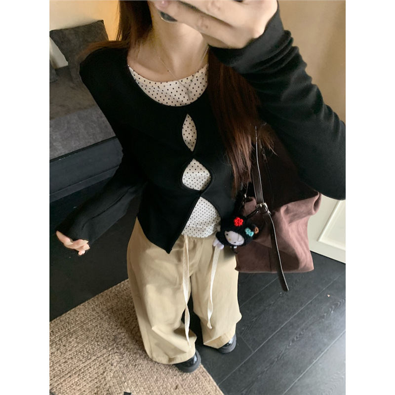 韩系设计感镂空假两件T恤女2025秋季新款修身显瘦波点长袖上衣潮|undefined