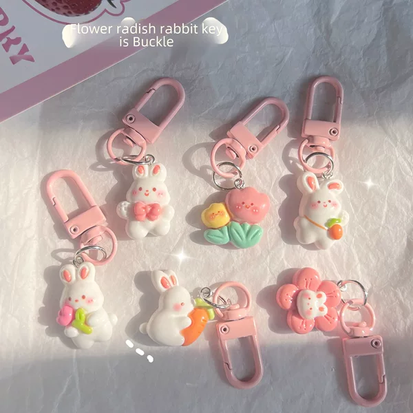 Cute Flower Series Radish Rabbit Keychain Ins Sweet Girl Heart Schoolbag Pendant Girlfriend Gift Pink Hanging Jewelry