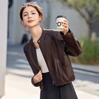 复古休闲皮衣女2026春装新款短款立领宽松机车风气质百搭夹克外套