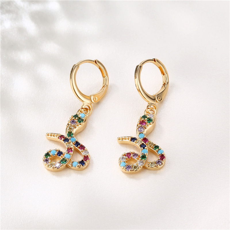 Fashion Vintage Snake-shaped Copper Inlaid Color Zircon Earrings Wholesale Nihaojewelry display picture 2