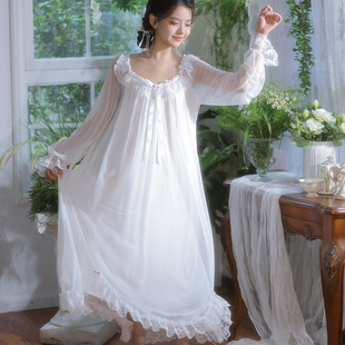 Vintage Palace Style Large Collar Modal Mesh Nightdress Irregular Skirt Small Rose Fairy Pajamas Long Skirt Wide