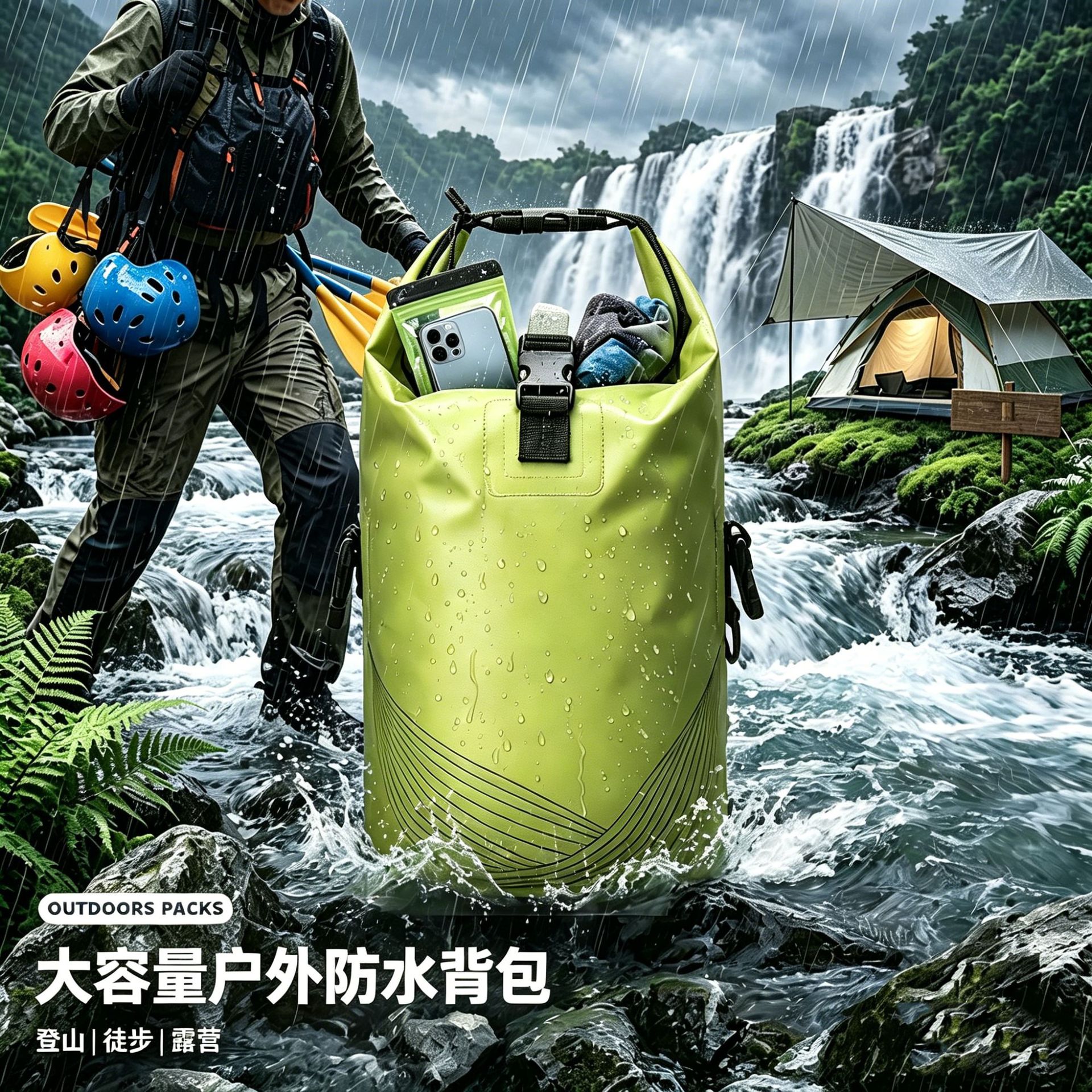 Outdoor waterproof backpack in bright green with a roll-top seal design, large capacity, suitable for river trekking and swimming