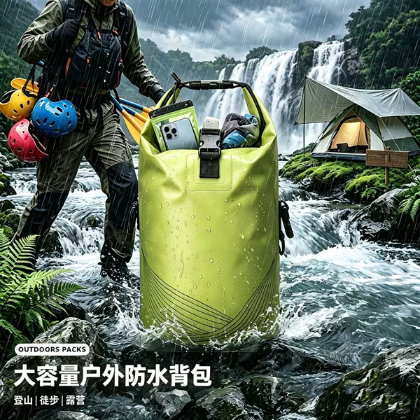 Outdoor waterproof backpack in bright green with a roll-top seal design, large capacity, suitable for river trekking and swimming