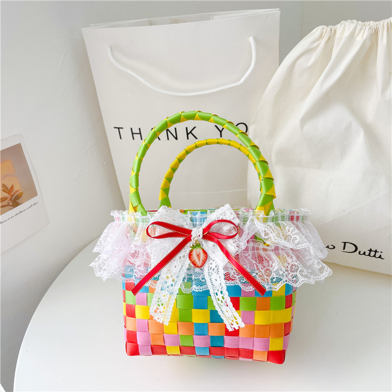 Al por mayor pastoral cesta de verduras niña los niños dibujos animados conejo fresco color tejido bolso la muchacha