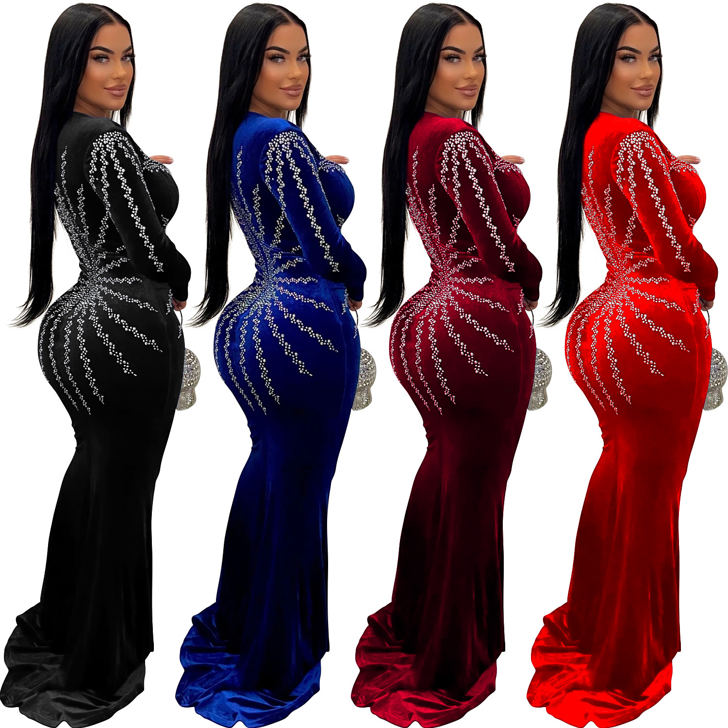 C6827 transfronterizo AliExpress Amazon europeo y americano de la moda de las mujeres color sólido sexy rhinestone Vestido de manga larga image 5