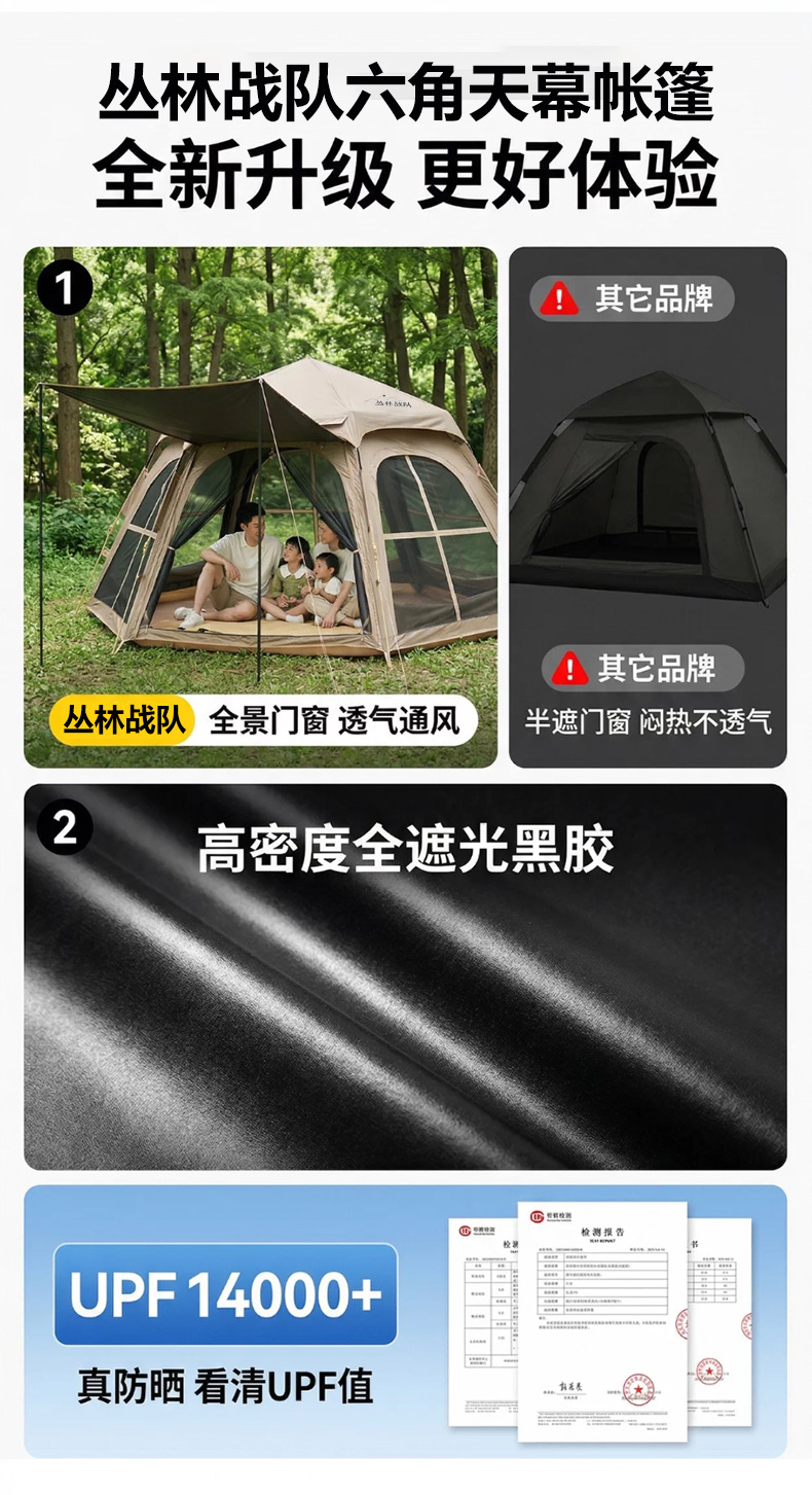 Jungle Squad Tent for Outdoor Camping, Instant Setup, Black Coated Sunscreen Rainproof Canopy, 2-in-1 Hiking Gear