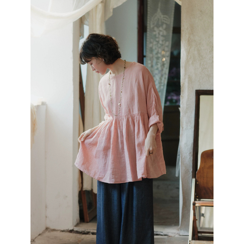 Japanese Style Round Neck Solid Color Long-Sleeved Top for Women in Spring and Summer