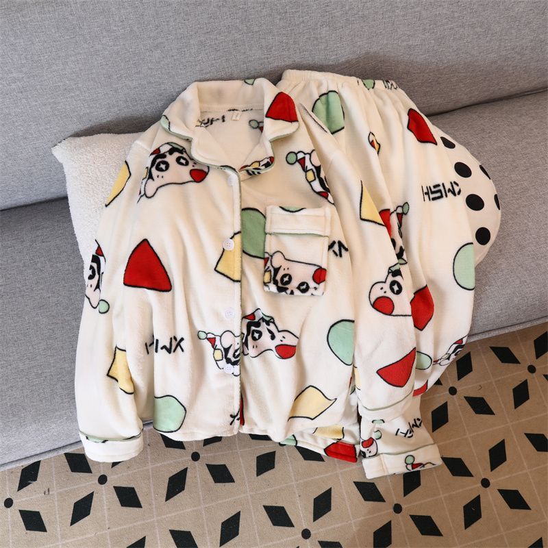 Coral Velvet Pajamas for Women Autumn and Winter Flannel Girls Cartoon Long-Sleeved Home Clothes Cardigan Suit Can Be Worn Outside the Manufacturer