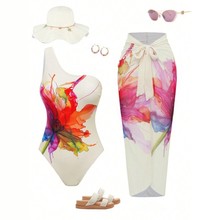 欧美新款跨境女两件套泳衣女印花高级性感纱裙连体单件bikini泳装
