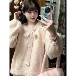 温柔甜美风粉色蝴蝶结绑带毛衣外套女春秋冬新款洋气百搭针织开衫