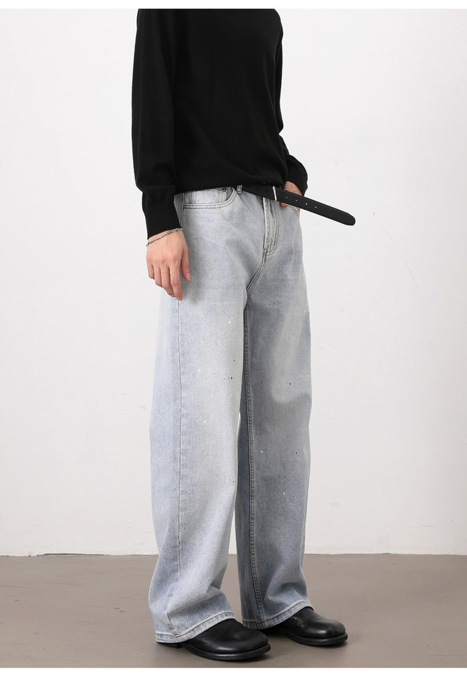 Quần jeans nam ống rộng dáng suông giặt mài họa tiết vẩy mực — Màu xanh dương chi tiết 15