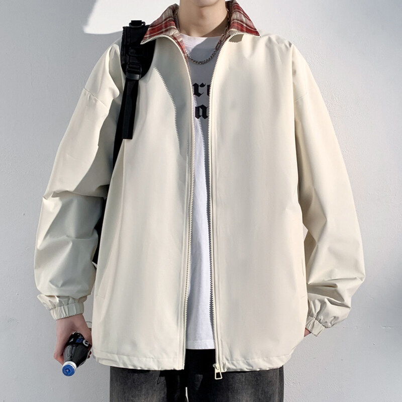 Plaid Patchwork Stand Collar For Men, Spring Autumn, American Style, Trendy Brand, Windproof, Waterproof, High Street,_voghion.com