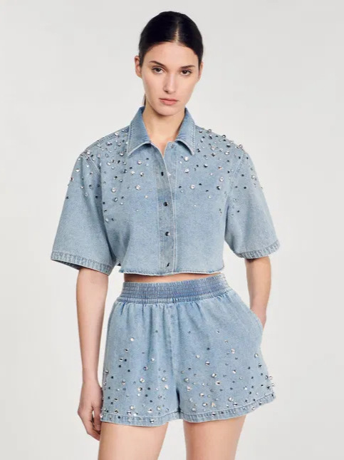 2026 Cross-Border European and American Women's Fashion Casual Retro Rhinestone Embellished Loose Shirt and Denim Shorts Set