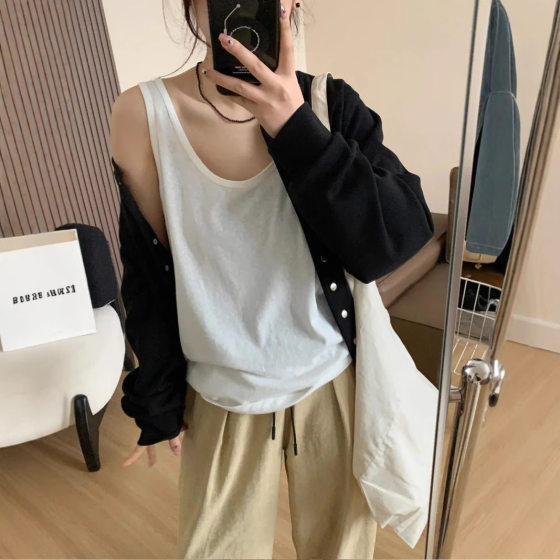 Summer Lazy Sense Lazy Vest Solid Color All-match Basic Loose Top Overwear Sleeveless T-shirt for Women