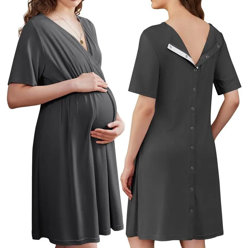 Stillkleid für Schwangere, Kurzarm, Weicher Stoff, V-Ausschnitt, Stillzugang und Einfacher Tragekomfort, Schwangerschafts- und Krankenhauskleid – Detail 14