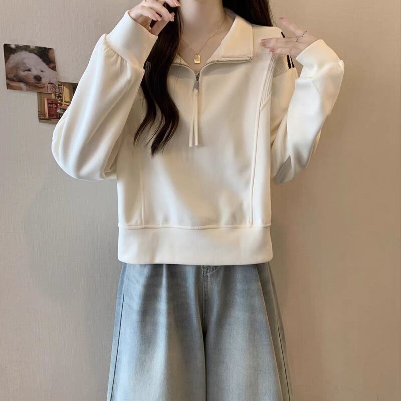 Contrast Color Short Sweatshirt for Women, White Right Shoulder, Fat Collar, Autumn and Winter Slimming Look Belly-Covering Micro Half Large Size Top Zipper