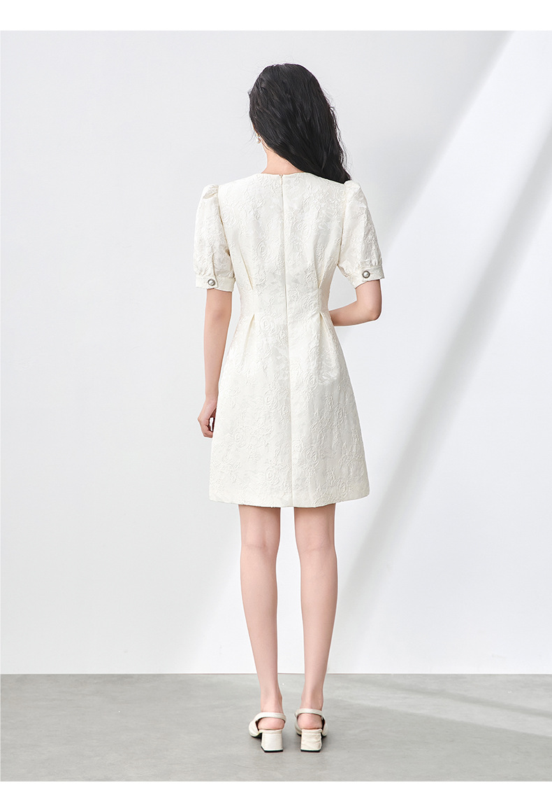 Váy liền tay phồng cổ vuông jacquard nổi họa tiết ngọc trai phong cách tiểu thư — Màu be chi tiết 9