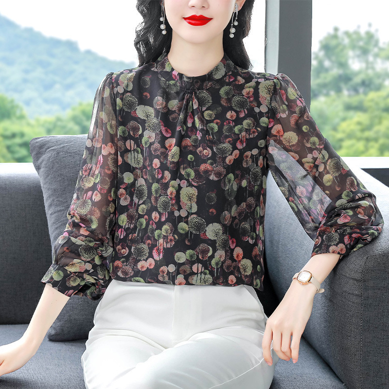 French-Style Silk Floral Blouse, Fashionable and Elegant Long-Sleeve Top, Slimming Plus-Size Stylish Shirt for Women, Made of Real Silk and Mulberry Silk