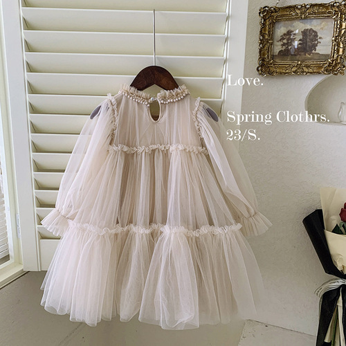Girls' Dresses Spring and Autumn 2024 New Style Children's and Baby Girls' Style Lace Splicing Puffy Shape Princess Dress