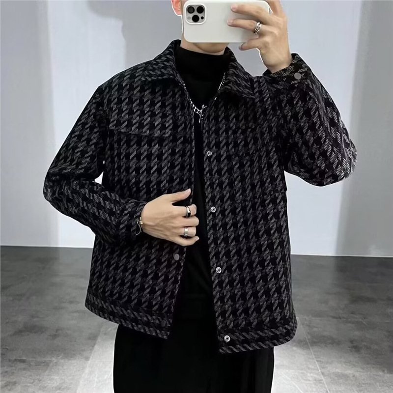 Designed with a Houndstooth Pattern, Men's Trendy Brand Jacket with a Cool and Stylish Loose Fit, Casual Lapel Jacket for Men, Spring and Autumn Woolen Coat Designed with a Houndstooth Pattern, Men's Trendy Brand Jacket with a Cool and Stylish Loose Fit, Casual Lapel Jacket for Men, Spring and Autumn Woolen Coat