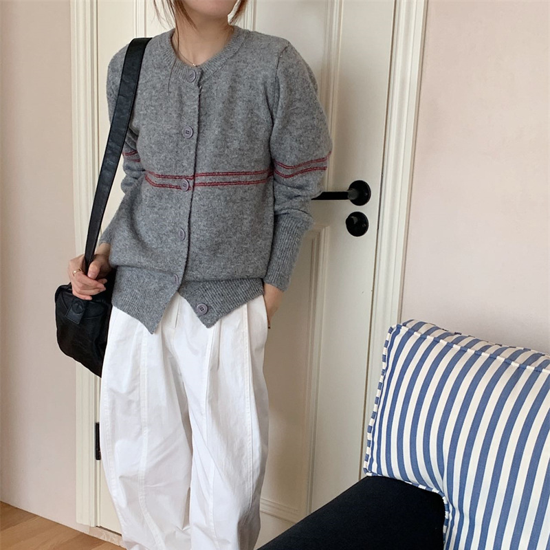 秋冬针织衫女2025韩系新款设计感撞色单排扣简约休闲圆领毛衣外套|undefined