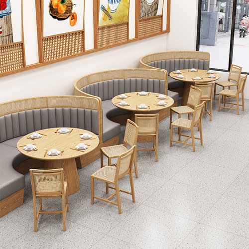 Theme restaurant rattan solid wood deck dessert shop sofa table and chair combination commercial cafe milk tea shop dining table and chairs