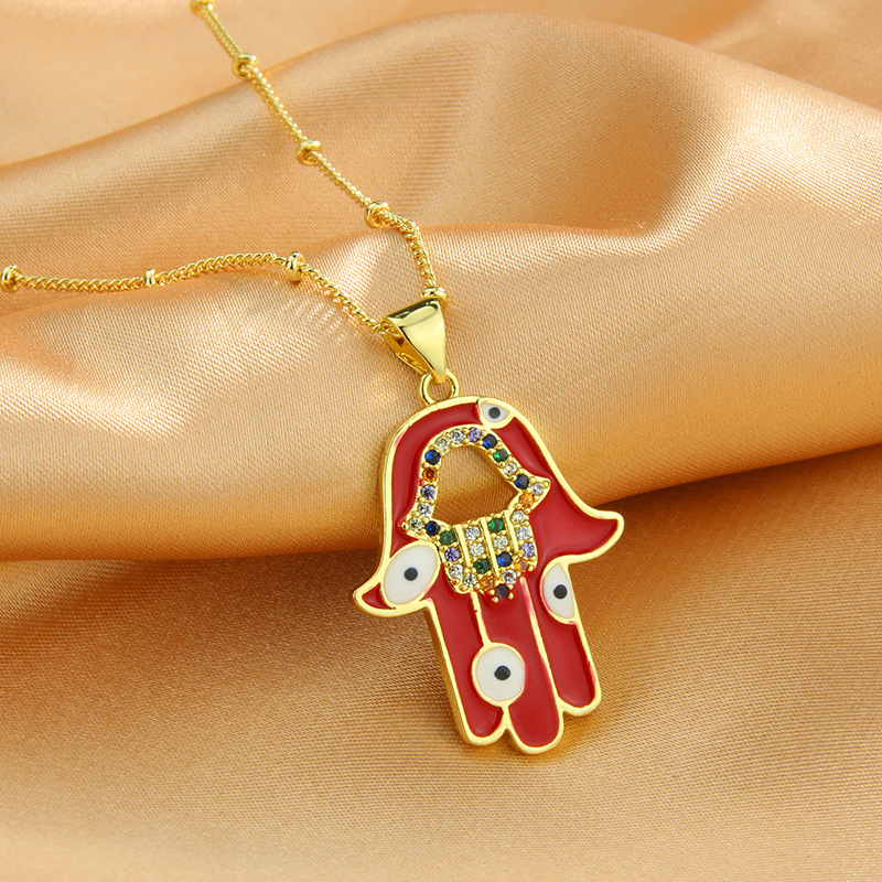 Simple Style Devilu0027S Eye Palm Copper Necklace Hollow Out Zircon Copper Necklaces