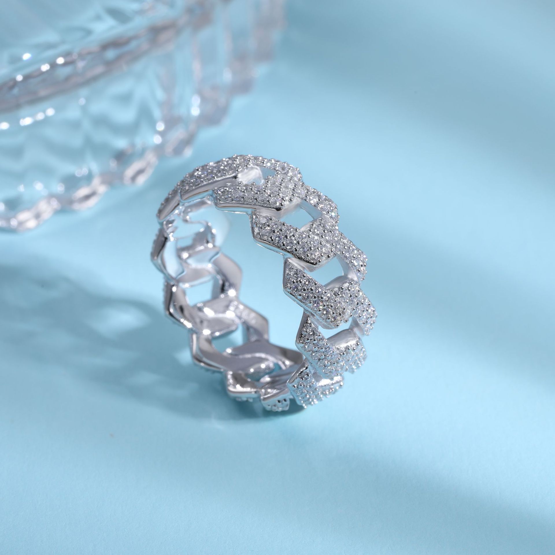Vintage Sterling Silver Cuban Chain Ring With Moissanite For Men_voghion.com
