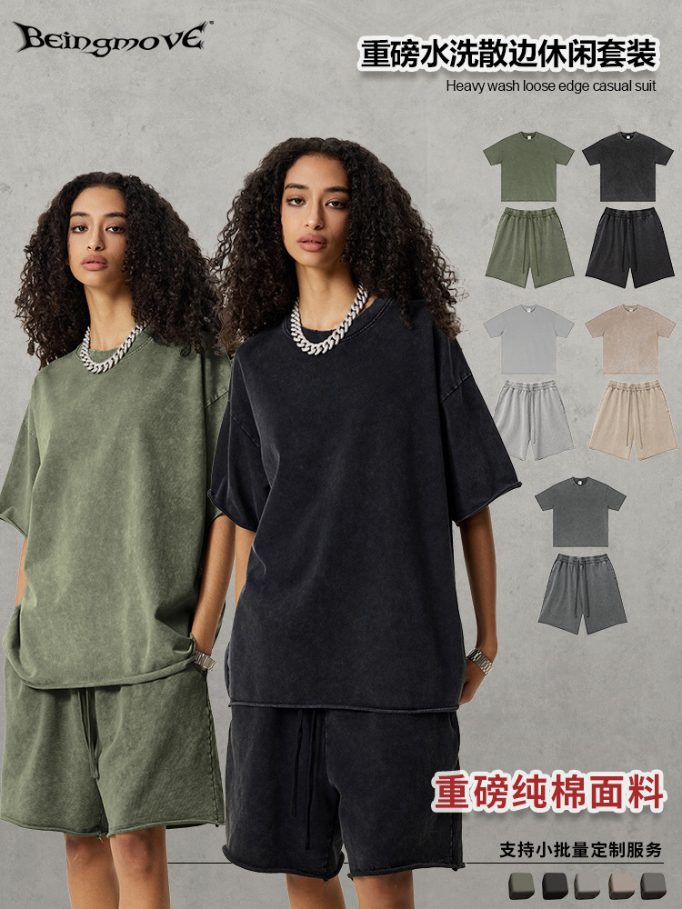 2025 verano europeo retro hacer viejas mangas cortas logotipo impresa camiseta cultural de gran tamaño camiseta de hombre set de pantalones de cinco puntos para hombres