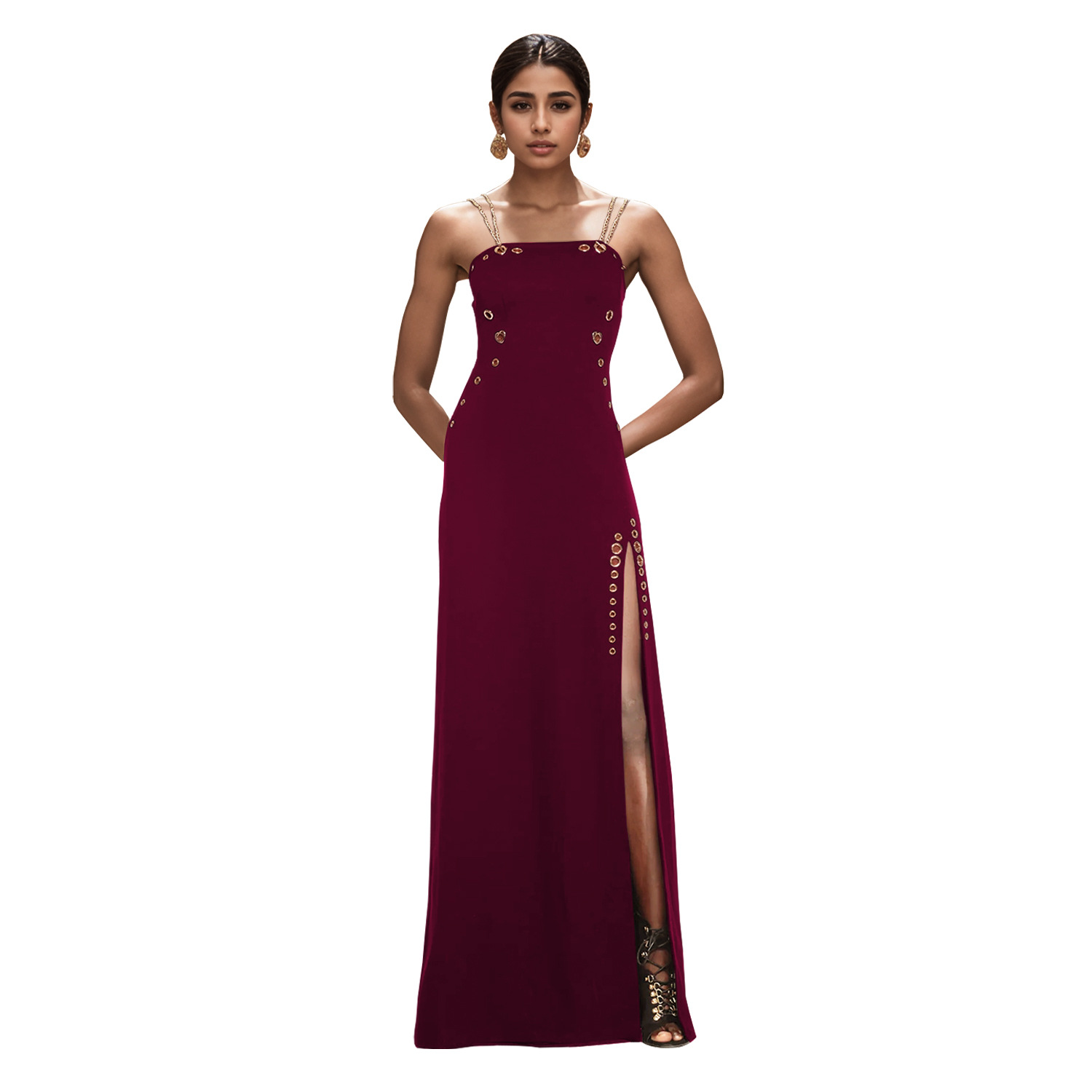 C7522 Aliexpress transfronterizo amazon ropa de moda europea y americana de mujer elegante cadena de oro sexy vestido de horquilla