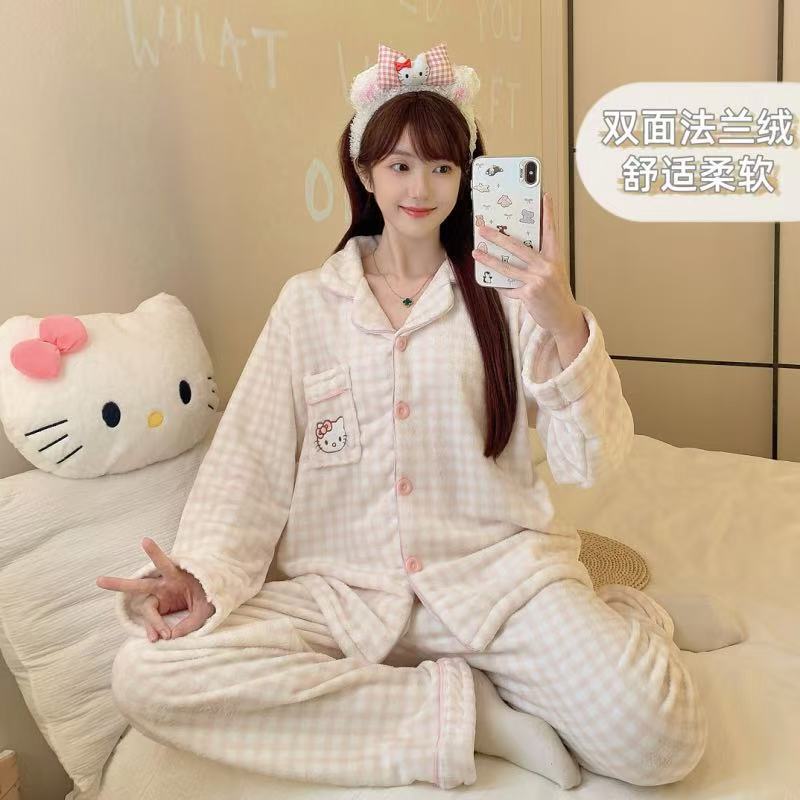 冬季法兰绒睡衣女长袖长裤套装加绒加厚开衫卡通KT猫珊瑚绒家居服
