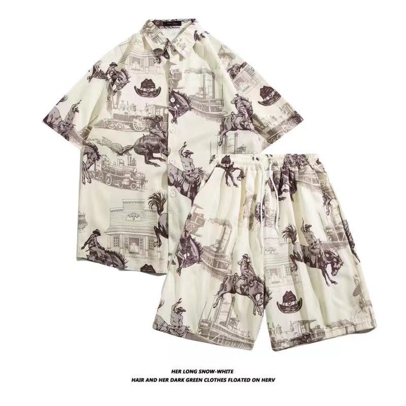 Hawaiian Holiday Loose Beach Pants Seaside Men's Casual Trendy Short Sleeve Shirt Beach suit Summer Shorts