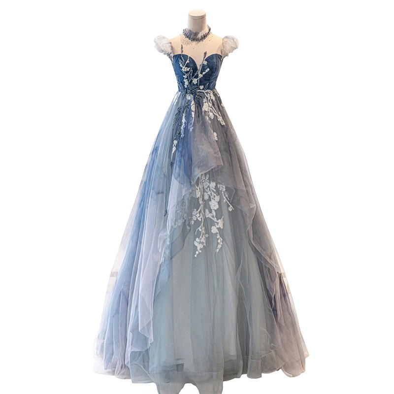 Vestido Azul 2025, Nuevo Estilo de Otoño, Manga con Volantes, Vestido Largo de Fiesta para Eventos Sociales, Ceremonia de Mayoría de Edad, Examen de Arte, Banquete, Vestido de Noche
