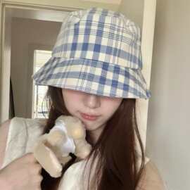 新款韩版格纹渔夫帽女春夏日系百搭显脸小盆帽休闲文艺遮阳棒球帽