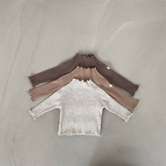 Korean-style Instagram-inspired cotton ribbed base shirt for babies and toddlers—spring/autumn, high-neck design, solid color, effortlessly trendy, perfect for kids' outfits.