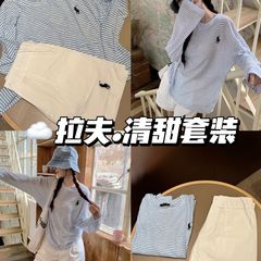 ブルーストライプ長袖tシャツカジュアルショートパンツセット女性新型日焼け止めポニー刺繍2点セット